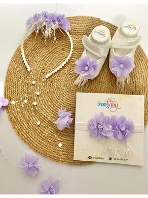 İrembaby Anne Bebek Lohusa Seti Lila Çiçekli Incili Lohusa Tacı Bebek Ayakkabı Saç Bandı Takımı