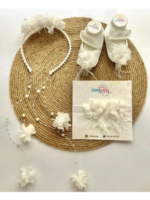 İrembaby Anne Bebek Lohusa Seti Beyaz Çiçekli Incili Lohusa Tacı Bebek Ayakkabı Bebek Saç Bandı Takımı