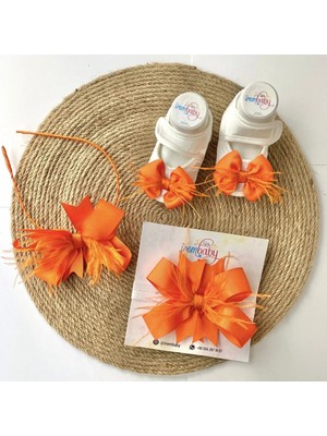 İrembaby Anne Bebek Lohusa Seti Turuncu Lohusa Tacı Bebek Saç Bandı ve Bebek Ayakkabısı Lohusa Takımı