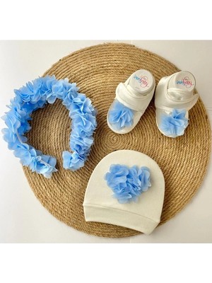İrembaby Anne Bebek Lohusa Seti Mavi Çiçekli Lohusa Tacı Bebek Ayakkabısı ve Bebek Şapkası Lohusa Takımı