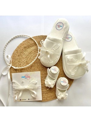 İrembaby Anne Bebek Lohusa Seti Beyaz Incili Lohusa Tacı Terliği Bebek Ayakkabı Bebek Saç Bandı Lohusa Takımı