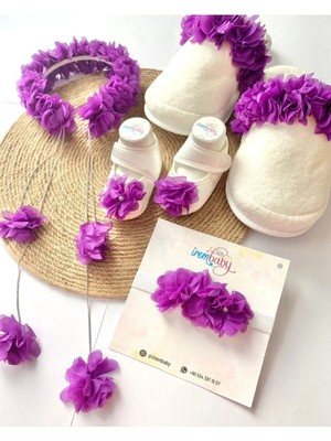 İrembaby Anne Bebek Lohusa Seti Mor Çiçekli Lohusa Tacı Terlik Bebek Ayakkabı Bebek Saç Bandı Lohusa Takımı