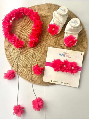 İrembaby Anne Bebek Lohusa Seti Fuşya Çiçekli Lohusa Tacı Bebek Ayakkabısı ve Bebek Saç Bandı Lohusa Takımı