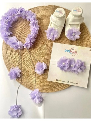 İrembaby Anne Bebek Lohusa Seti Lila Çiçekli Lohusa Tacı Bebek Ayakkabısı ve Bebek Saç Bandı Lohusa Takımı