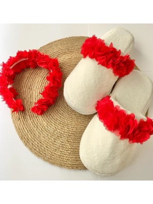 İrembaby Anne Lohusa Seti Kırmızı Çiçekli Lohusa Tacı ve Terlik Lohusa Takımı