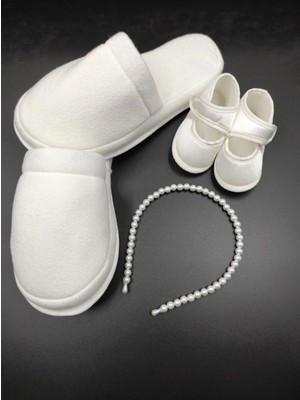 İrembaby 412A - Lohusa Terliği Pearl Inci Taç Patik ve Bebek Bandı Seti 4 Lü