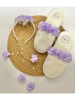 İrembaby Anne Lohusa Seti Lila Çiçekli Incili Lohusa Tacı Terliği Takımı