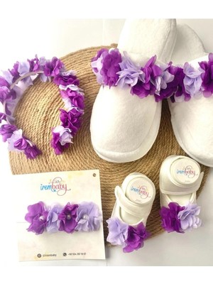 İrembaby Anne Bebek Lohusa Seti Mor Lila Lohusa Tacı Terlik Bebek Ayakkabısı ve Bebek Saç Bandı Lohusa Takımı