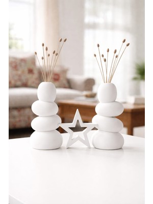 Bonjorno Aksesuar Beyaz Taş Vazo Seti 3’lü – Modern Dekoratif Salon & Sehpa Üstü Aksesuar Takımı (2 Vazo + Obje)