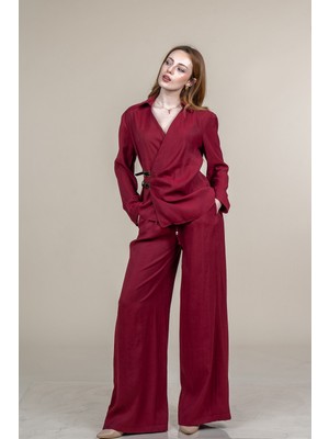 MissVina Pile Arası Kemer Detaylı Ceket ve Beli Lastikli Cepli Rahat Kesim Pantolon Takım 1291