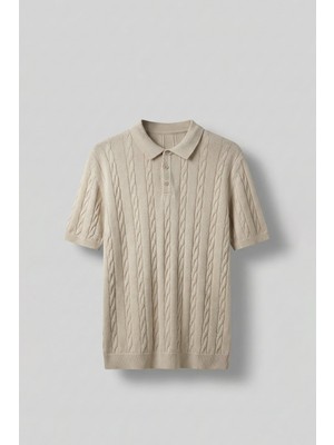 Abluka Online Erkek Regular Fit Saç Örgü Pamuklu Triko Polo Yaka T-Shirt Bej