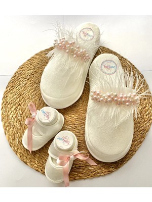 İrembaby Anne Bebek Lohusa Seti Pembe Incili Tüylü Lohusa Terliği ve Bebek Ayakkabısı Takımı Özel Tasarım