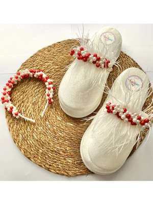 İrembaby Anne Lohusa Seti Kırmızı Incili Tüylü Lohusa Tacı ve Lohusa Terliği Takımı Özel Tasarım