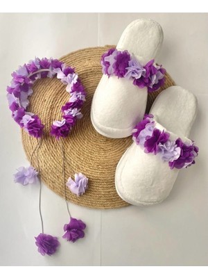 İrembaby Anne Lohusa Seti Mor Lila Sarkan Küpeli Çiçekli Lohusa Tacı ve Terlik Lohusa Takımı