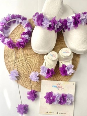 İrembaby Anne Bebek Lohusa Seti Mor Lila Çiçek Lohusa Tacı Terlik Bebek Ayakkabı Bebek Saç Bandı Lohusa Takım