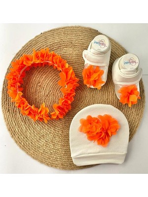 İrembaby Anne Bebek Lohusa Seti Turuncu Çiçekli Lohusa Tacı Bebek Ayakkabısı ve Bebek Şapkası Lohusa Takımı