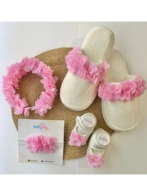İrembaby Anne Bebek Lohusa Seti Pembe Çiçekli Lohusa Tacı Terlik Bebek Ayakkabı Bebek Saç Bandı Lohusa Takımı