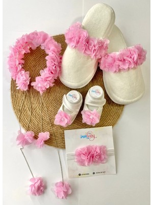İrembaby Anne Bebek Lohusa Seti Pembe Çiçekli Lohusa Tacı Terlik Bebek Ayakkabı Bebek Saç Bandı Lohusa Takımı