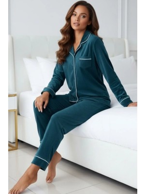 Pijamask Kadın Kadife Boydan Düğmeli Şerit Detaylı 2'li Pijama Takım