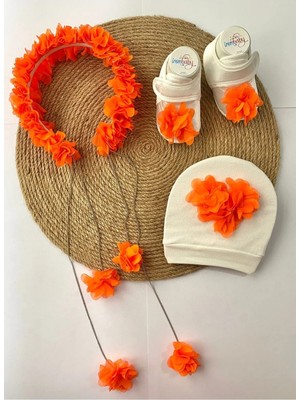 İrembaby Anne Bebek Lohusa Seti Turuncu Çiçekli Lohusa Tacı Bebek Ayakkabısı ve Bebek Şapkası Lohusa Takımı