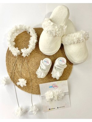İrembaby Anne Bebek Lohusa Seti Beyaz Çiçekli Lohusa Tacı Terlik Bebek Ayakkabı Bebek Saç Bandı Lohusa Takımı