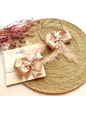 İrembaby Anne Bebek Lohusa Seti Pudra Pembe Tüylü Fiyonk Lohusa Tacı ve Bebek Saç Bandı Lohusa Takımı