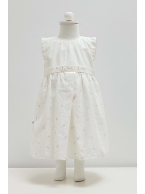 Caramell Mını Lady Çiçek Detaylı Keten Elbise - Ekru - 68-74 cm Ekru