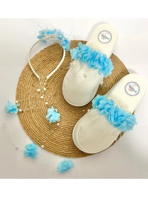 İrembaby Anne Lohusa Seti Mavi Çiçekli Incili Lohusa Tacı Terliği Takımı Gelin Tacı / Çekim