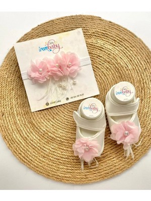 İrembaby Bebek Lohusa Seti Pembe Çiçekli Incili Lohusa Bebek Ayakkabı Saç Bandı