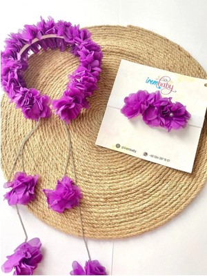 İrembaby Anne Bebek Lohusa Seti Mor Sarkan Küpeli Çiçekli Lohusa Tacı ve Bebek Saç Bandı Lohusa Takımı