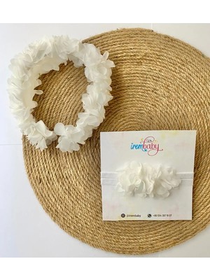 İrembaby Anne Bebek Lohusa Seti Beyaz Çiçekli Lohusa Tacı ve Bebek Saç Bandı Lohusa Takımı