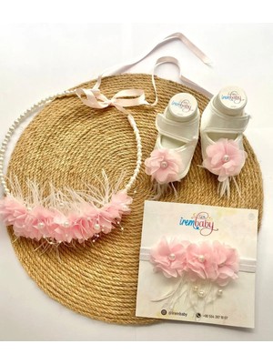 İrembaby Anne Bebek Lohusa Seti Pembe Çiçekli Incili Lohusa Tacı Bebek Ayakkabı Saç Bandı Takımı