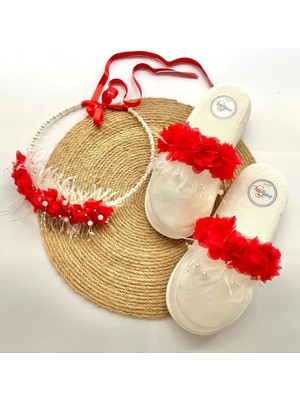 İrembaby Anne Lohusa Seti Kırmızı Çiçekli Incili Lohusa Tacı Terliği