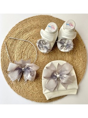 İrembaby Anne Bebek Lohusa Seti Gri Lohusa Tacı Bebek Şapkası ve Bebek Ayakkabısı Lohusa Takımı