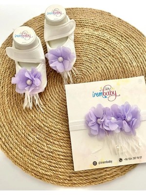 İrembaby Bebek Lohusa Seti Lila Çiçekli Incili Lohusa Bebek Ayakkabı Saç Bandı