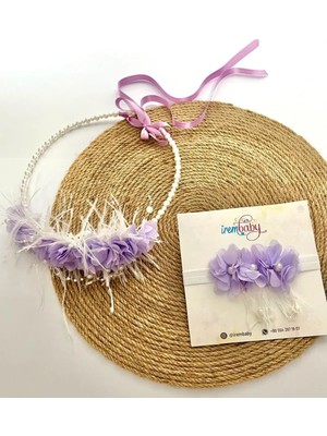 İrembaby Anne Bebek Lohusa Seti Lila Çiçekli Incili Lohusa Tacı Saç Bandı Takımı