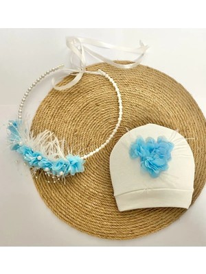 İrembaby Anne Bebek Lohusa Seti Mavi Çiçekli Incili Tasarım Lohusa Tacı ve Bebek Şapkası Lohusa Takımı
