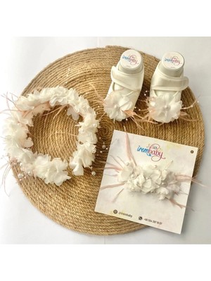 İrembaby Anne Bebek Lohusa Seti Pudra Tüylü Incili Lohusa Tacı Bebek Ayakkabısı Bebek Saç Bandı Lohusa Takımı