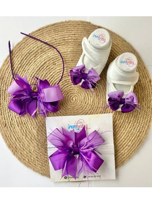 İrembaby Anne Bebek Lohusa Seti Mor Lohusa Tacı Bebek Saç Bandı ve Bebek Ayakkabısı Lohusa Takımı