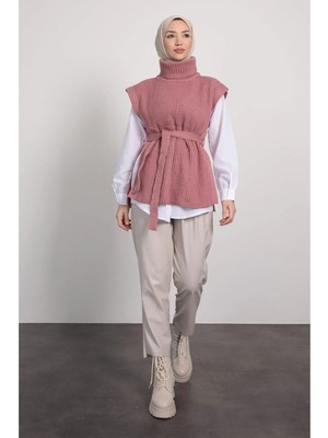 Tesettür Diyarı Balıkçı Yaka Kemer Detaylı Tesettür Süveter- Pembe Standart (36-42 Uyumlu)