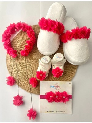 İrembaby Anne Bebek Lohusa Seti Fuşya Çiçekli Lohusa Tacı Terlik Bebek Ayakkabı Bebek Saç Bandı Lohusa Takımı