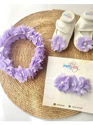 İrembaby Anne Bebek Lohusa Seti Lila Tüylü Lohusa Tacı Bebek Ayakkabısı Bebek Saç Bandı Lohusa Takımı