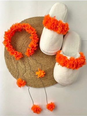 İrembaby Anne Lohusa Seti Turuncu Sarkan Küpeli Çiçekli Lohusa Tacı ve Terlik Lohusa Takımı