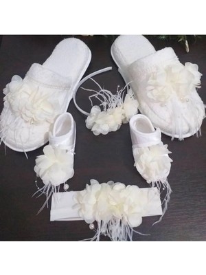 İrembaby Kadın Krem Lohusa Terlik ve Taç Bebek Patik ve Bandana Tüylü Incili Set