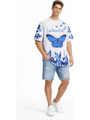 Erkek Asit Yıkamalı Oversize Tişört Mavi Kelebek Baskılı Dijital Print Bisiklet Yaka Streetwear T-Shirt - Beyaz