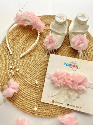 İrembaby Anne Bebek Lohusa Seti Beyaz Çiçekli Incili Lohusa Tacı Bebek Ayakkabı Saç Bandı Takımı