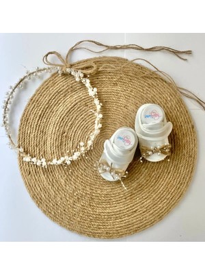 İrembaby Anne Bebek Lohusa Seti Hasırlı Incili Lohusa Tacı ve Bebek Ayakkabısı Lohusa Takımı