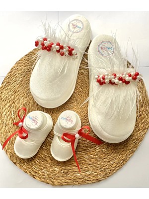 İrembaby Anne Bebek Lohusa Seti Kırmızı Incili Tüylü Lohusa Terliği ve Bebek Ayakkabısı Takımı Özel Tasarım