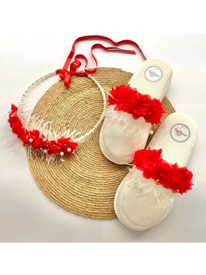 İrembaby Anne Lohusa Seti Kırmızı Çiçekli Incili Lohusa Tacı Terliği