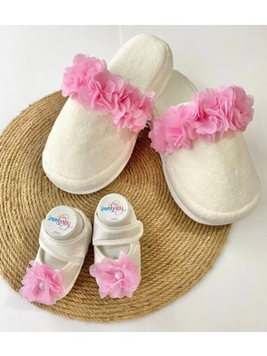İrembaby Anne Bebek Lohusa Seti Pembe Çiçekli Terlik ve Bebek Ayakkabısı Lohusa Takımı Çekim-Mevlüt